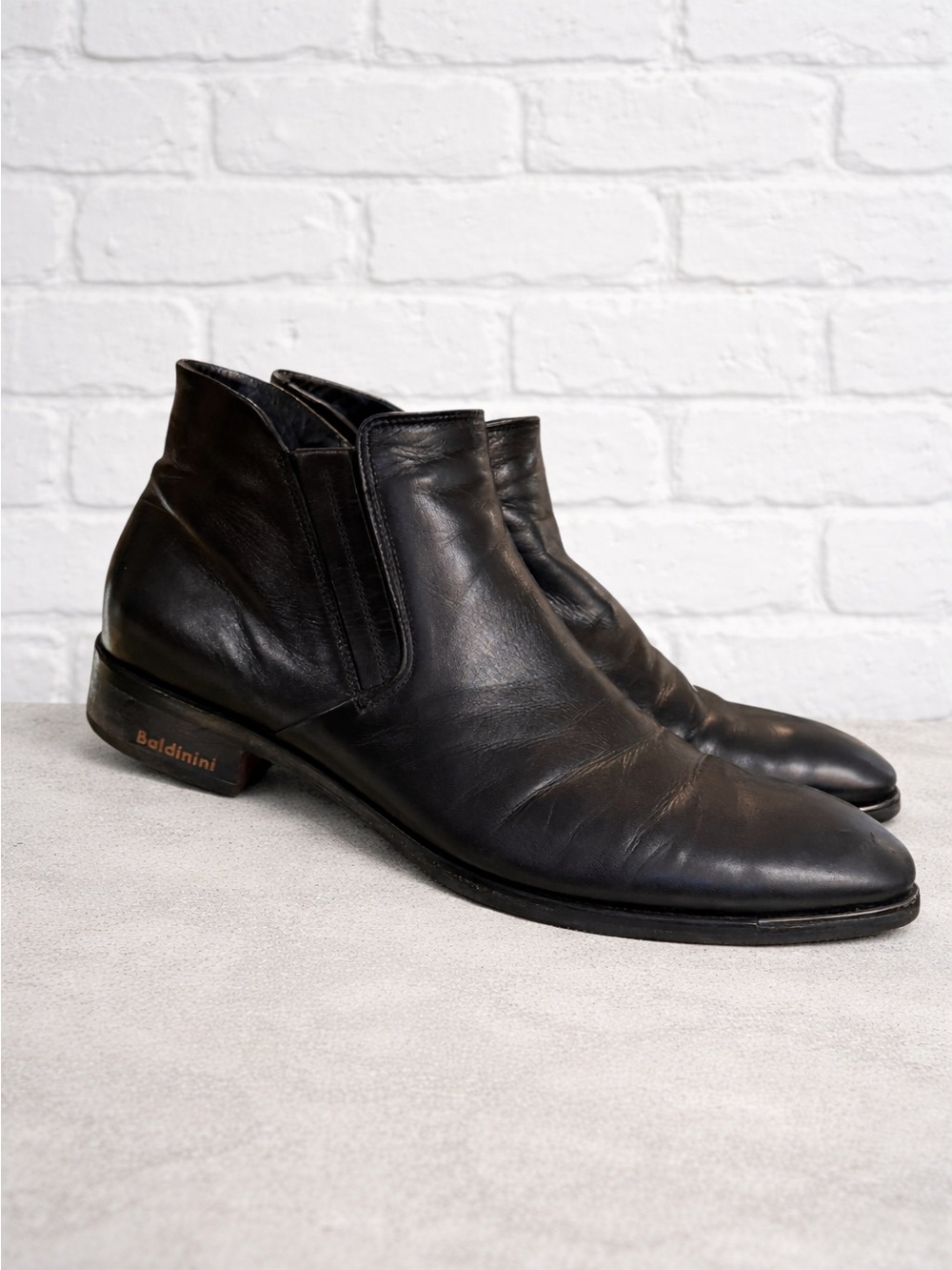 Baldinini Designer Black Leather Metal Tip Ankle Boots